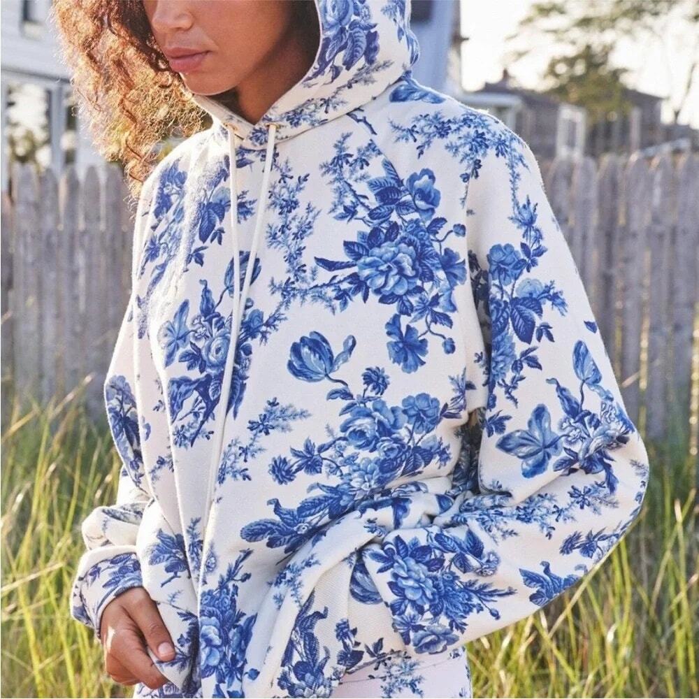 LoveShackFancy x Beach Riot Alicia Floral Hoodie Sweatshirt Blue White Size L - Picture 3 of 16